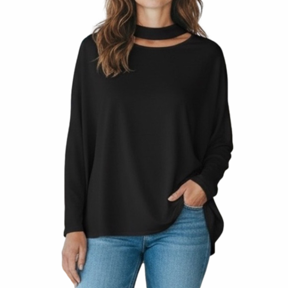 Chico’s Choker Bell Sleeve Blouse Black Size Large 12/14 Long Sleeve Cut Out EUC